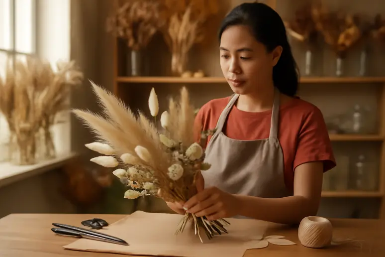 Featured image for จัดดอกไม้แห้ง: เทคนิค ไอเดีย และช่องทางสร้างรายได้งาม